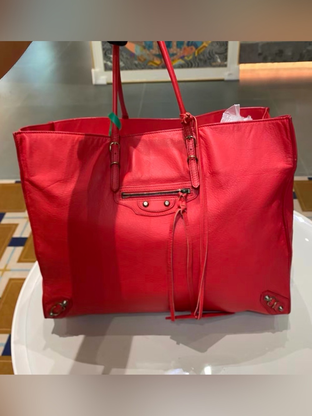 Balenciaga Red Leather Tote Bag Shoulder Bag with Front Zip Pocket